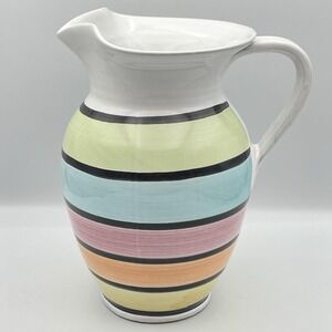 Vintage 1980s Caleca Italy Hand Painted Pastel Stripe Ceramic Pitcher 64 Oz 9"